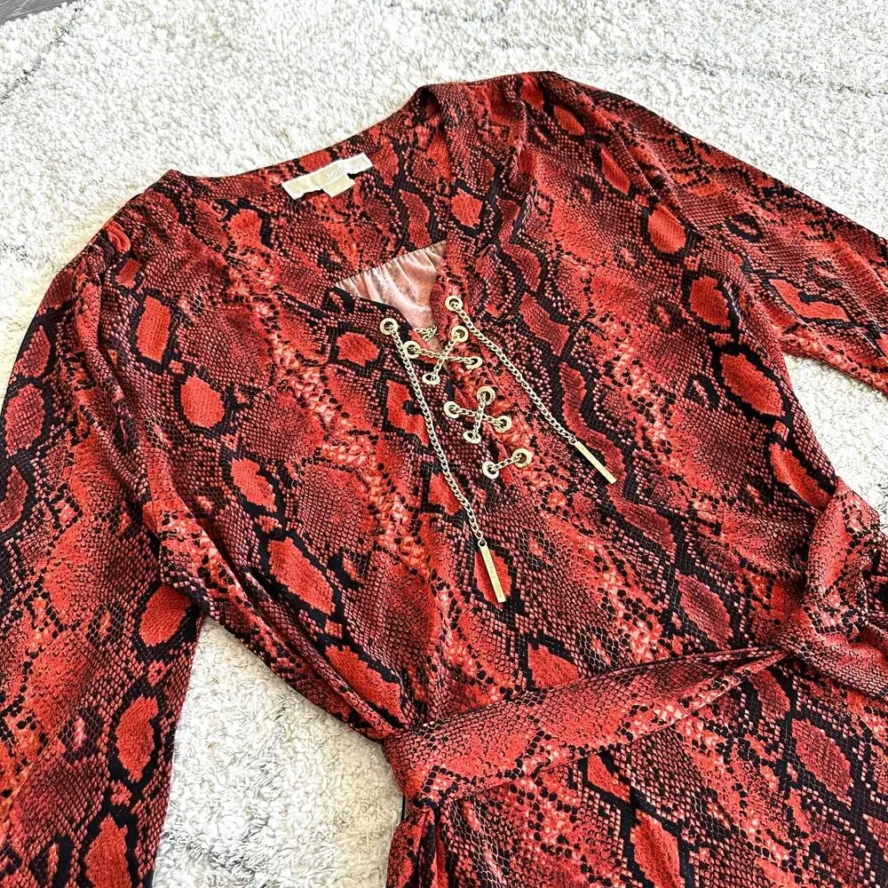 Michael Kors Red Snakeskin Print Gold Chain Tie Dress Size S